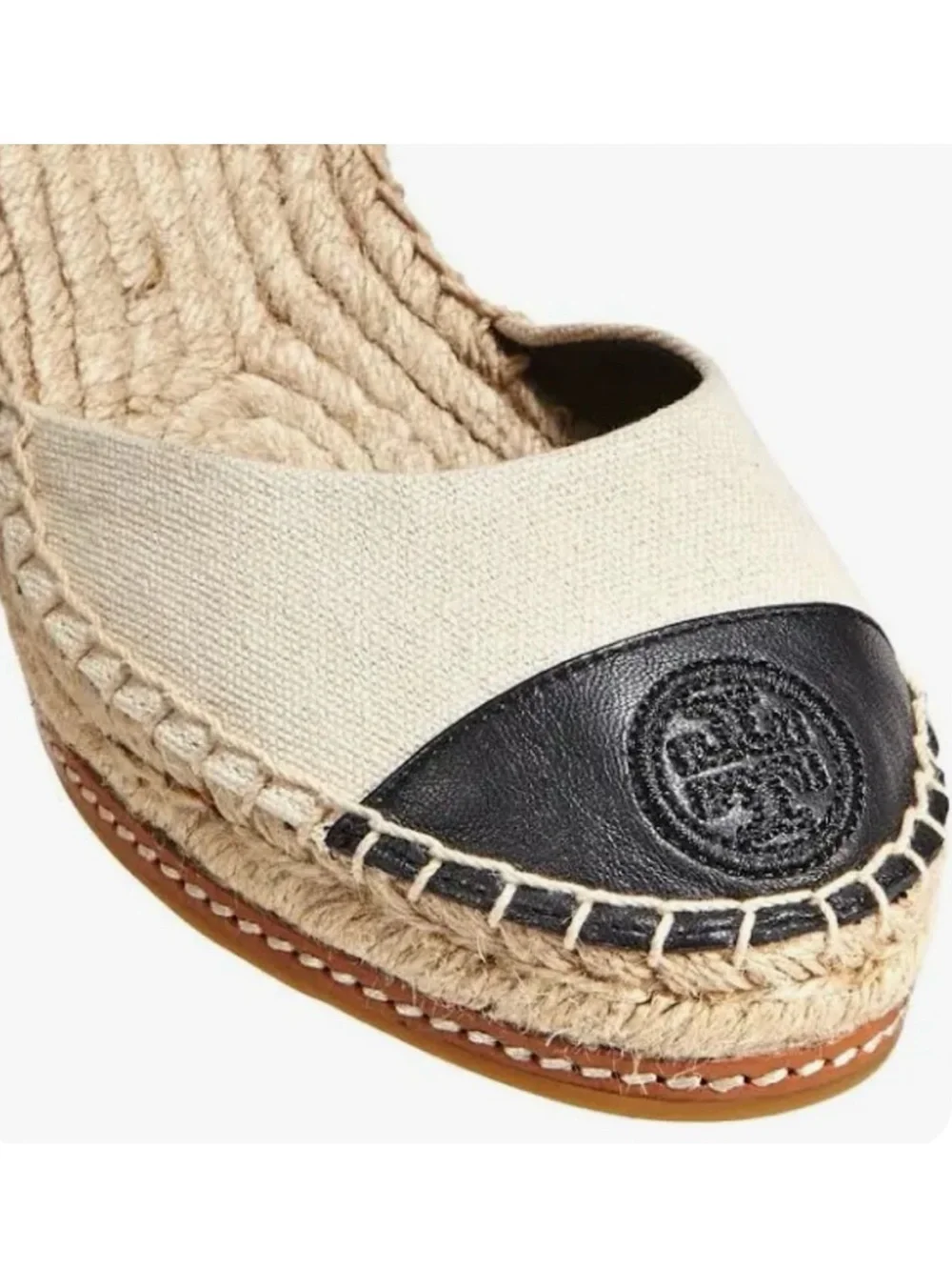 Tory Burch Color Block 85mm Wedge Espadrille Sandal Size 8.5 Color Cream & Black